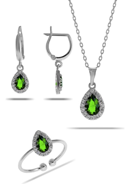 Yeşim Taşlı Damla Mini Rodyumlu Gümüş Set