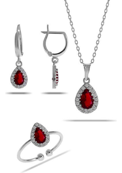 Lal Taşlı Damla Mini Rodyumlu Gümüş Set