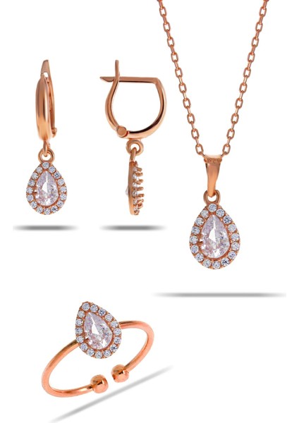 Kuvars Taşlı Damla Mini Rose Gümüş Set 2301