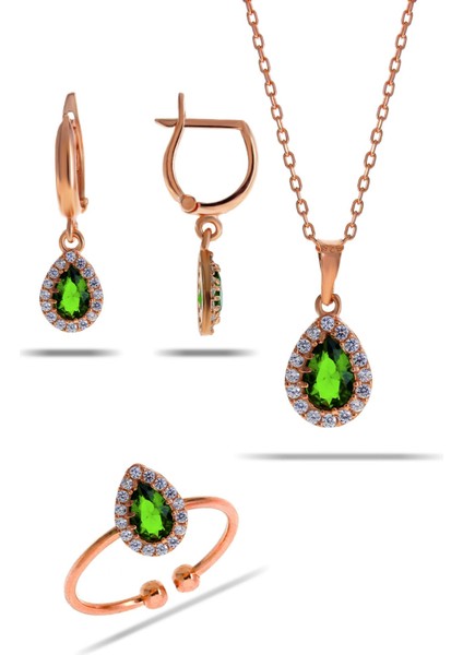 Yeşim Taşlı Damla Mini Rose Gümüş Set