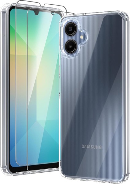Samsung Galaxy A06 Kılıf Kamera Çıkıntılı Korumalı Yumuşak Şeffaf Silikon + 9h Ekran Koruyucu Cam Set 2in1