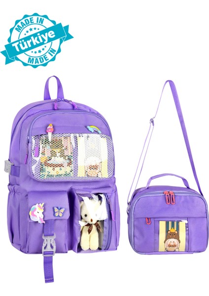 Kawaii Kore Tarzı Okul Çantası Aksesuarlı Kız Erkek Sırt Çantası + Beslenme Çantası Kombini