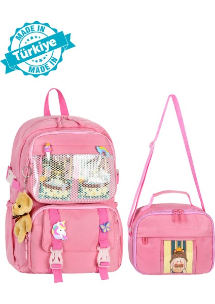 Kawaii Kore Tarzı Okul Çantası Aksesuarlı Kız Erkek Sırt Çantası + Beslenme Çantası Kombini