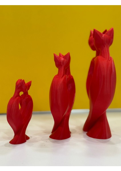 3'lü Dekoratif Kedi Başlıklı Kalp Biblo Kırmızı