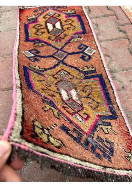43X98 cm Vintage El Dokuma Halı, Mavi Pembe Renkli, Oriental Desenli Küçük Kilim, Dekoratif Zemin Halısı