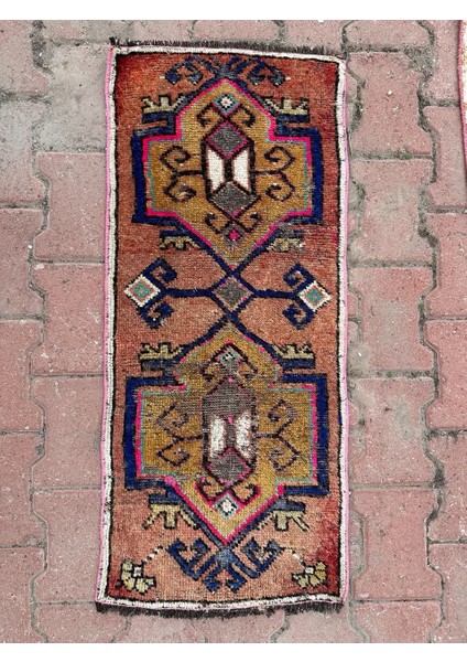 43X98 cm Vintage El Dokuma Halı, Mavi Pembe Renkli, Oriental Desenli Küçük Kilim, Dekoratif Zemin Halısı fiyatları