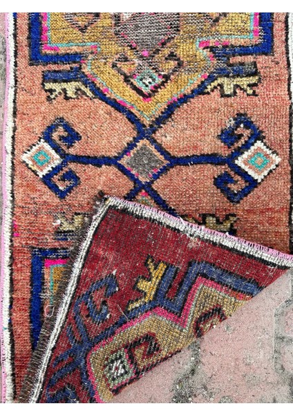 43X98 cm Vintage El Dokuma Halı, Mavi Pembe Renkli, Oriental Desenli Küçük Kilim, Dekoratif Zemin Halısı modelleri