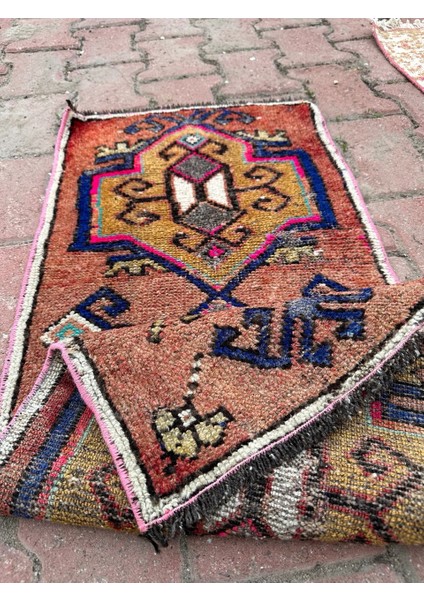 43X98 cm Vintage El Dokuma Halı, Mavi Pembe Renkli, Oriental Desenli Küçük Kilim, Dekoratif Zemin Halısı fırsatları