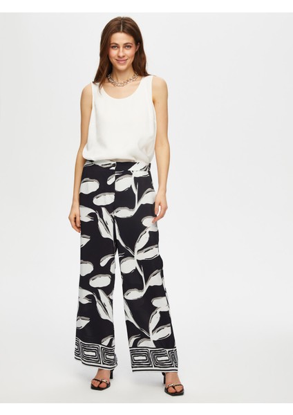 Paçası Sulu Monochrome Desen Wıde Leg Fıt Pantolon 007