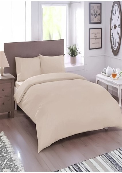 Tek Kişilik Pamuklu Nevresim Takımı Lastikli Çarşaflı Bej