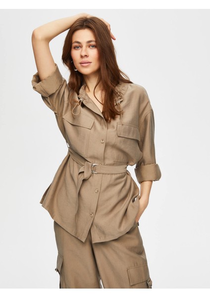 Yakası Lastik Detaylı Kemerli Overshırt Tunik 019 modelleri