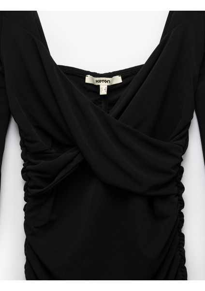 Drapeli Slim Fit Uzun Kollu Mini Kare Yaka Elbise