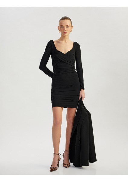 Drapeli Slim Fit Uzun Kollu Mini Kare Yaka Elbise