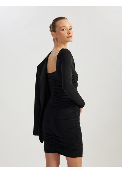 Drapeli Slim Fit Uzun Kollu Mini Kare Yaka Elbise fiyatları