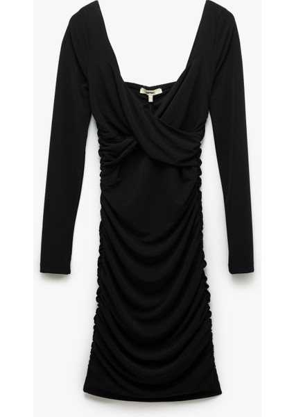 Drapeli Slim Fit Uzun Kollu Mini Kare Yaka Elbise modelleri