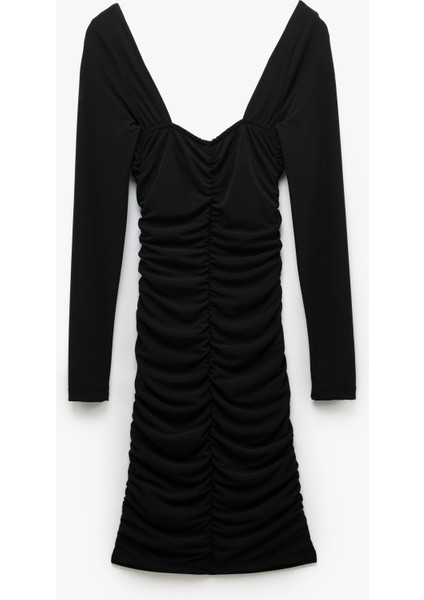 Drapeli Slim Fit Uzun Kollu Mini Kare Yaka Elbise fırsatları