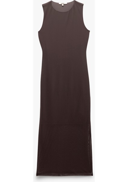 Yarım Astarlı Slim Fit Bisiklet Yaka Kolsuz Tül Midi Boy Elbise modelleri