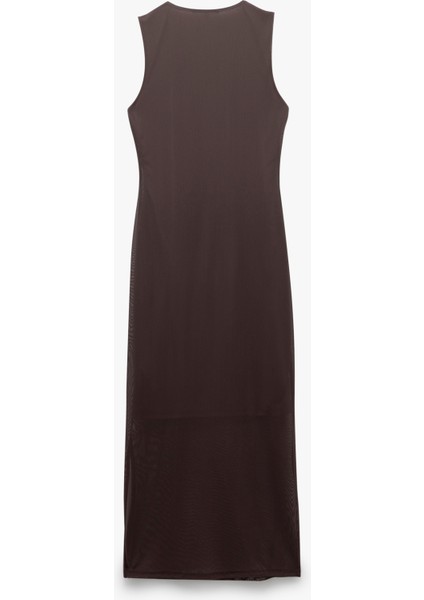 Yarım Astarlı Slim Fit Bisiklet Yaka Kolsuz Tül Midi Boy Elbise fırsatları
