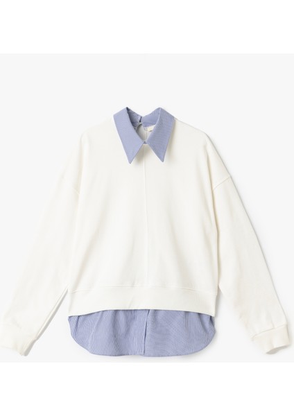 İki Farklı Kumaş Kullanımlı Uzun Kollu Pamuklu Gömlek Yaka Sweatshirt modelleri