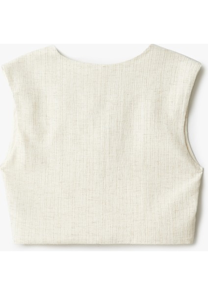 Viskon Keten Karışımlı Düğmeli Crop Blazer Yelek