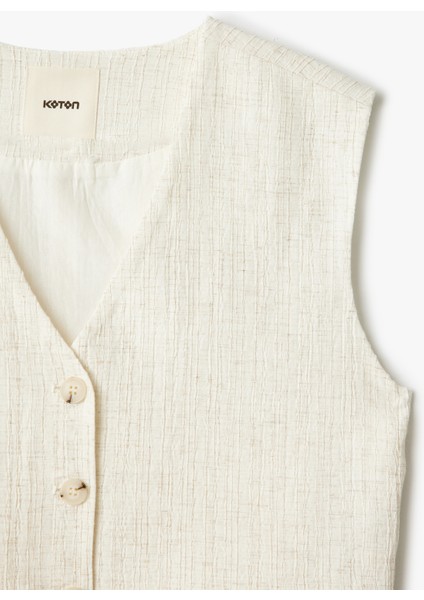 Viskon Keten Karışımlı Düğmeli Crop Blazer Yelek
