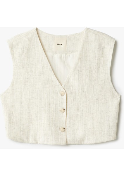 Viskon Keten Karışımlı Düğmeli Crop Blazer Yelek
