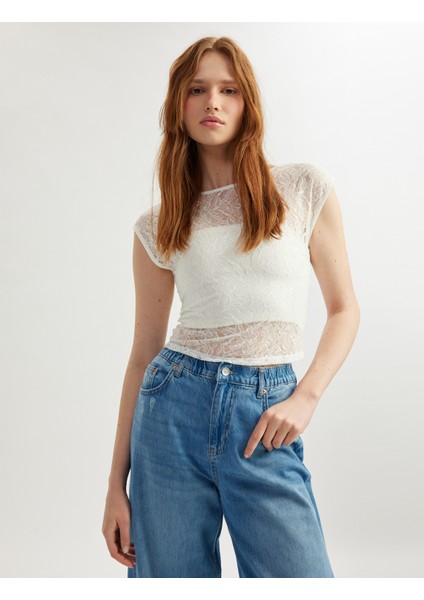 Sırt Dekolteli Kolsuz Transparan Dantel Bluz