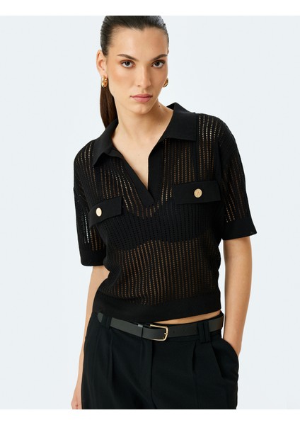 Aplike Detaylı Düğmeli Kısa Kollu Ajurlu Polo Yaka Kroşe Kazak