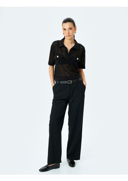 Aplike Detaylı Düğmeli Kısa Kollu Ajurlu Polo Yaka Kroşe Kazak fiyatları