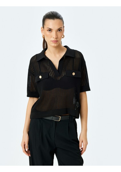 Aplike Detaylı Düğmeli Kısa Kollu Ajurlu Polo Yaka Kroşe Kazak modelleri