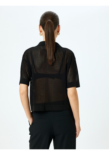 Aplike Detaylı Düğmeli Kısa Kollu Ajurlu Polo Yaka Kroşe Kazak fırsatları