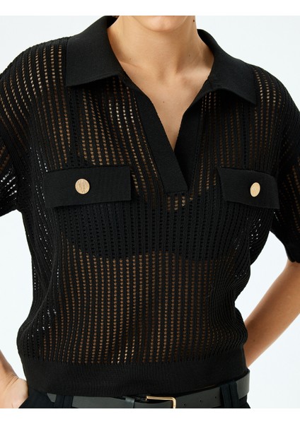 Aplike Detaylı Düğmeli Kısa Kollu Ajurlu Polo Yaka Kroşe Kazak indirimleri