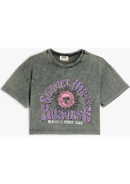 Baskılı Bisiklet Yaka Kısa Kollu Crop Tişört