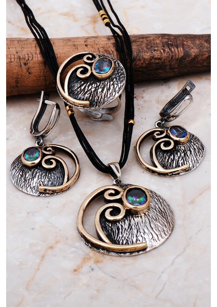 Mistik Topaz Taşlı Çekiç Dövme Elişi Gümüş Set 2232