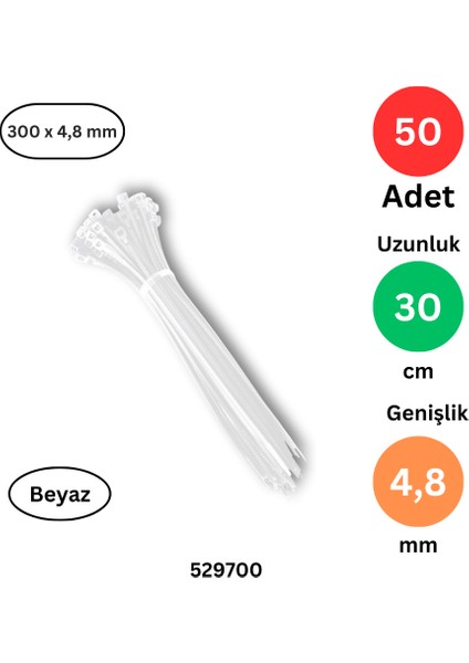 Plastik Kablo Bağı Klipsi Cırt Kelepçe 300 x 4.8 Beyaz 50 Adet