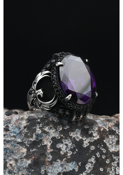 Anka Kuşu Figürlü 925 Ayar Gümüş Erkek Yüzük Ametist Taşlı 901491