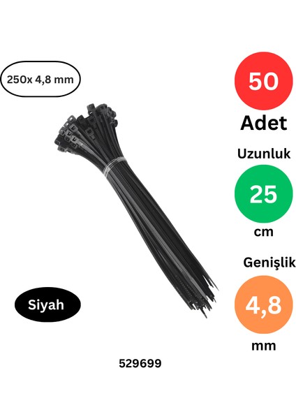 Plastik Kablo Bağı Klipsi Cırt Kelepçe 250 x 4.8 Siyah 50 Adet Cırt Kelepçe