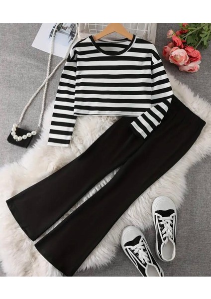 Siyah Beyaz Çizgili Crop Sweatshirt Ispanyol Paça Tayt Alt Üst Takım