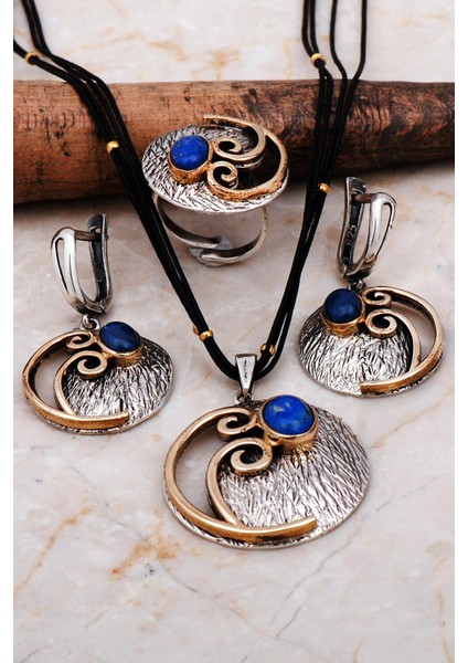 Lapis Lazuli Taşlı Çekiç Dövme Elişi Gümüş Set 2239