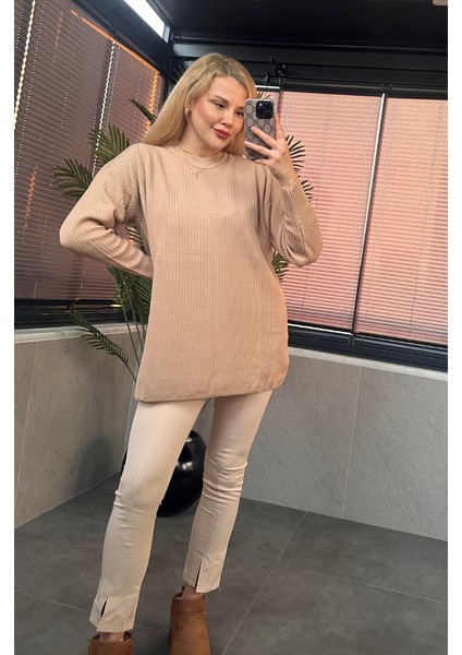 Camel Yarı Boğazlı Fitilli Oversize Kazak