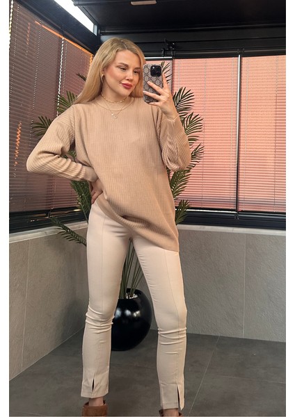 Camel Yarı Boğazlı Fitilli Oversize Kazak