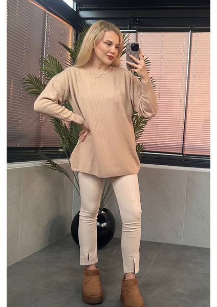 Camel Yarı Boğazlı Fitilli Oversize Kazak