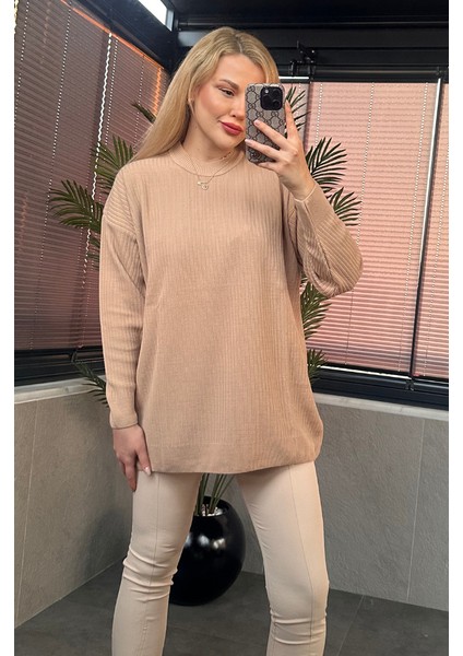 Camel Yarı Boğazlı Fitilli Oversize Kazak