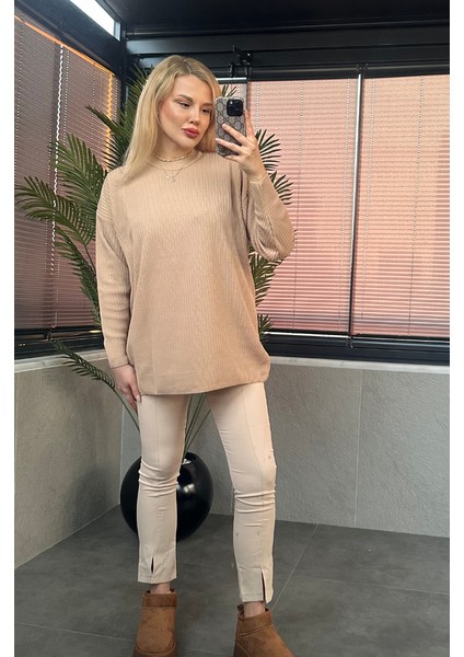 Camel Yarı Boğazlı Fitilli Oversize Kazak