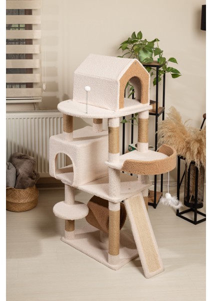 Luna Kedi Ağacı - 3 Katlı, Tırmalama Direği, Yatak ve Oyuncaklı, Bej-Kahverengi, Kolay Kurulum fiyatları