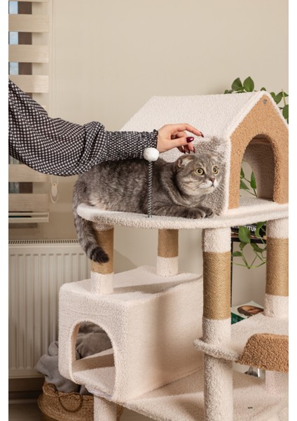 Luna Kedi Ağacı - 3 Katlı, Tırmalama Direği, Yatak ve Oyuncaklı, Bej-Kahverengi, Kolay Kurulum indirimleri