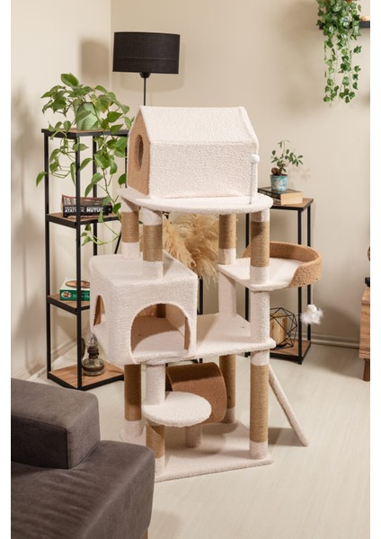 Luna Kedi Ağacı - 3 Katlı, Tırmalama Direği, Yatak ve Oyuncaklı, Bej-Kahverengi, Kolay Kurulum