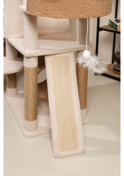 Luna Kedi Ağacı - 3 Katlı, Tırmalama Direği, Yatak ve Oyuncaklı, Bej-Kahverengi, Kolay Kurulum