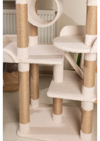 Vella Kedi Ağacı - 3 Katlı, Tırmalama Direği, Yatak ve Oyuncaklı, Bej-Kahverengi, Kolay Kurulum