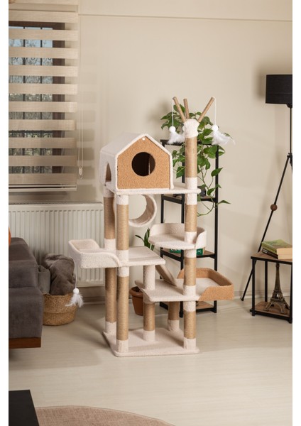 Vella Kedi Ağacı - 3 Katlı, Tırmalama Direği, Yatak ve Oyuncaklı, Bej-Kahverengi, Kolay Kurulum fiyatları